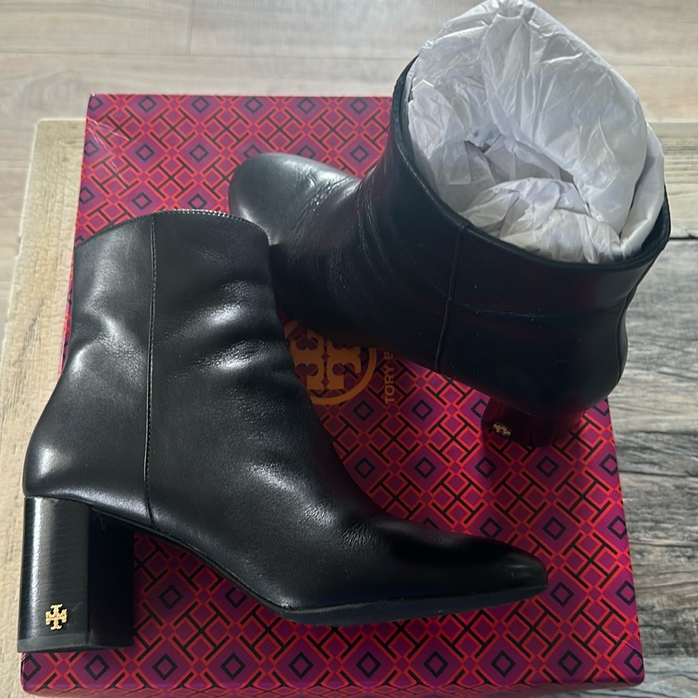 Tory Burch Women’s Brooke 70MM calf leather black booties with heel. Worn once!